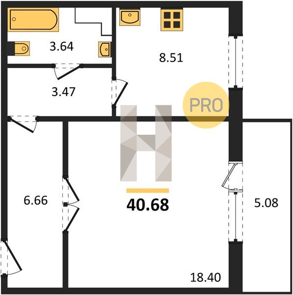 1-комнатная 40.7 м2 в ЖК ЖК «Парковый Премиум» корпус null этаж 3