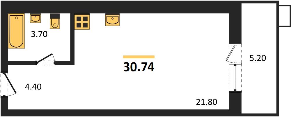 Студия, 30,74 м² — планировка