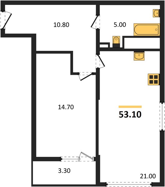 1-комнатная, 53,1 м² — планировка