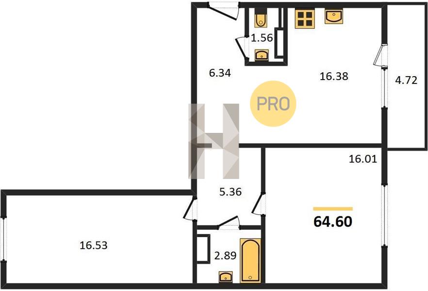 2-комнатная 64.6 м2 в ЖК ЖК «Парковый Премиум» корпус null этаж 10
