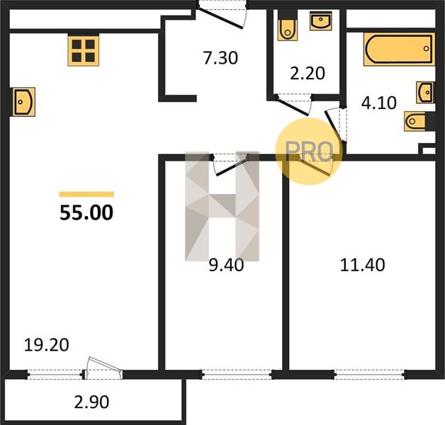 2-комнатная 55 м2 в ЖК ЖК «Тринити» корпус null этаж 11