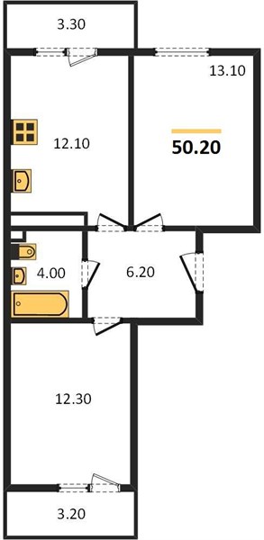 2-комнатная, 50,2 м² — планировка