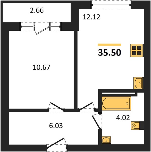 1-комнатная, 35,5 м² — планировка