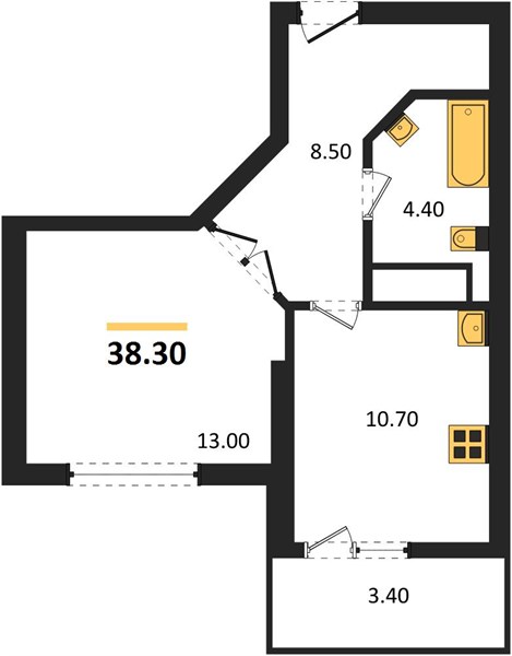 1-комнатная, 38,3 м² — планировка
