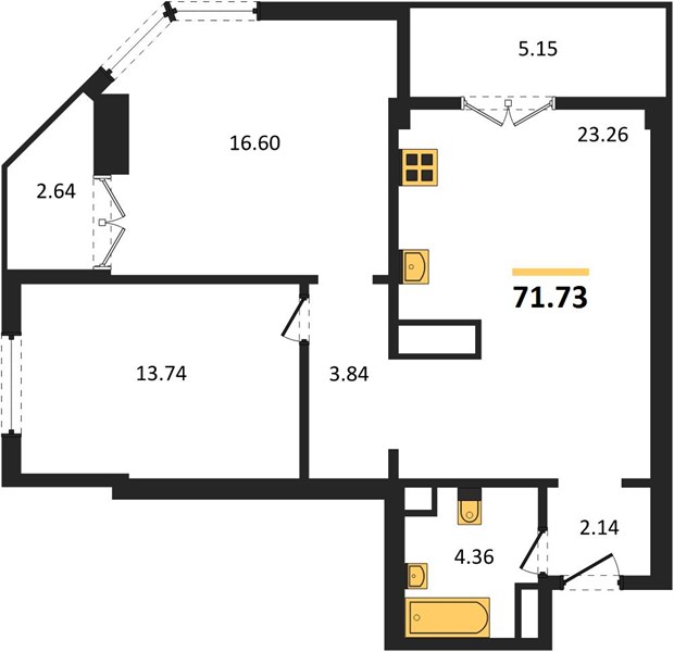 2-комнатная, 71,73 м² — планировка