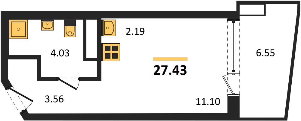 1-комнатная, 27,43 м² — планировка