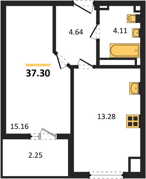 1-комнатная, 37,3 м² — планировка