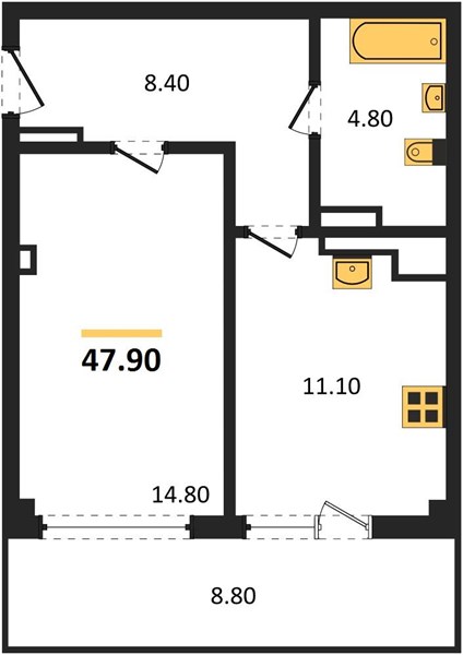 1-комнатная, 47,9 м² — планировка
