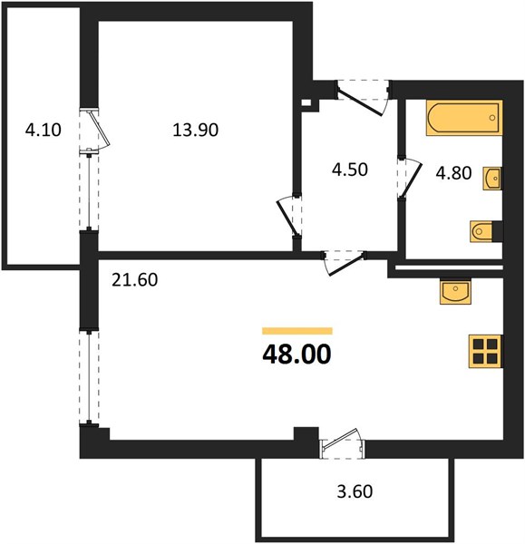 1-комнатная, 44,7 м² — планировка