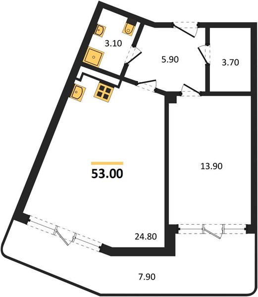 1-комнатная, 53 м² — планировка