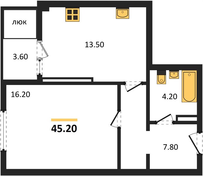 1-комнатная, 45,2 м² — планировка