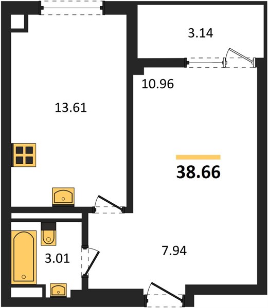 1-комнатная, 38,66 м² — планировка