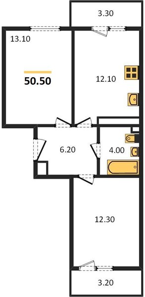 2-комнатная, 50,5 м² — планировка