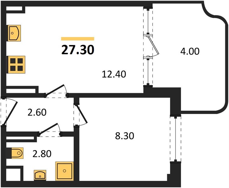 1-комнатная, 27,3 м² — планировка