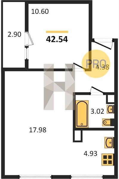 1-комнатная 42.5 м2 в ЖК Venezia корпус null этаж 9