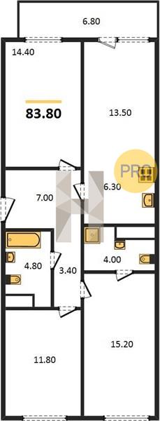 3-комнатная 83.8 м2 в ЖК Парк-квартал «Атмосфера», 2 дом корпус null этаж 9