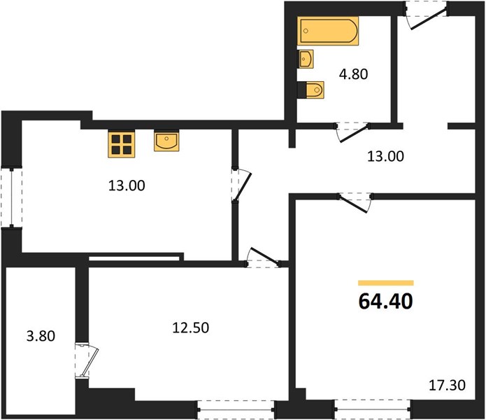 2-комнатная, 64,4 м² — планировка