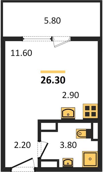 1-комнатная, 26,3 м² — планировка