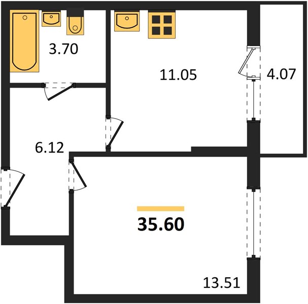 1-комнатная, 35,6 м² — планировка
