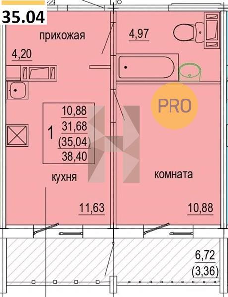 1-комнатная 35 м2 в ЖК Краснопольский корпус null этаж 10