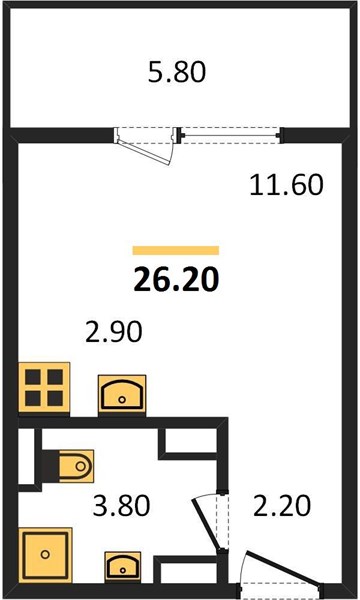 1-комнатная, 26,2 м² — планировка