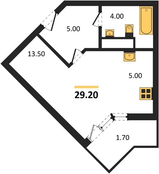 1-комнатная, 29,2 м² — планировка