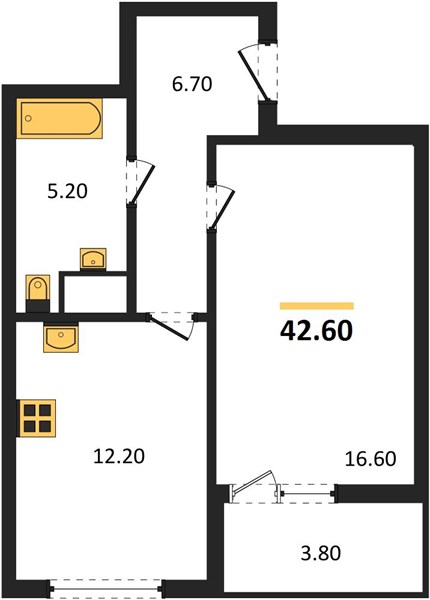 1-комнатная, 42,6 м² — планировка