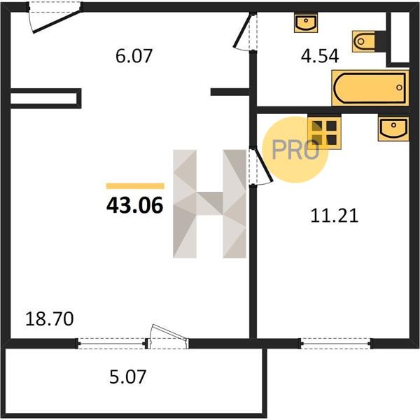 1-комнатная 43.1 м2 в ЖК Конфетти корпус null этаж 4