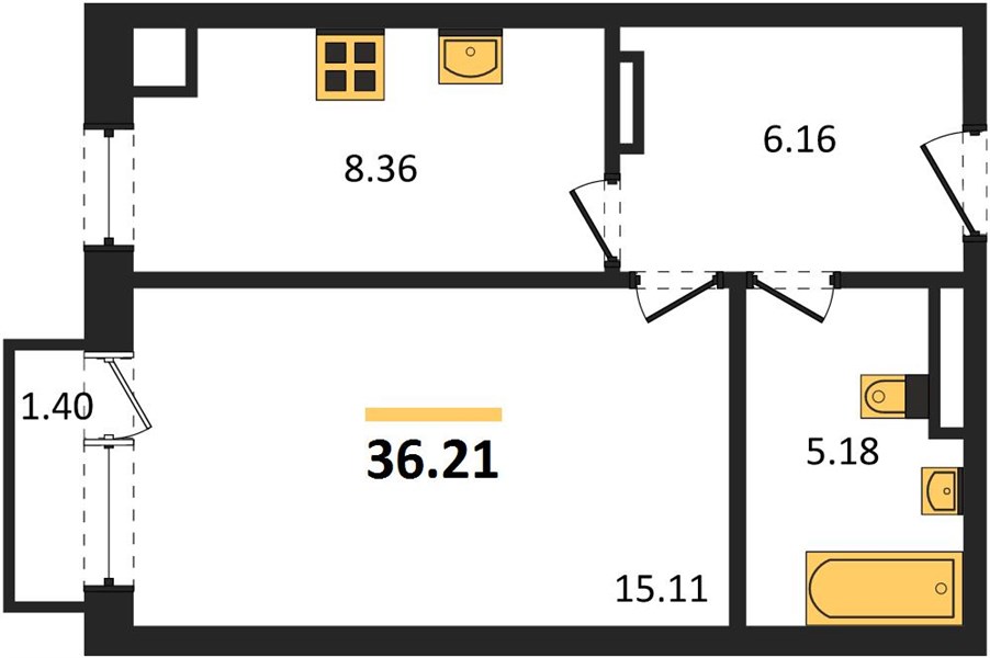 1-комнатная, 36,4 м² — планировка