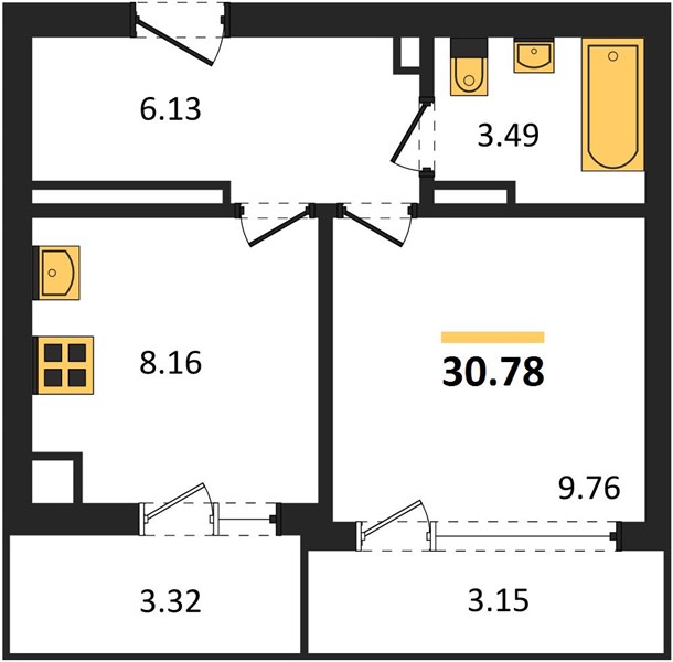 1-комнатная, 30,78 м² — планировка