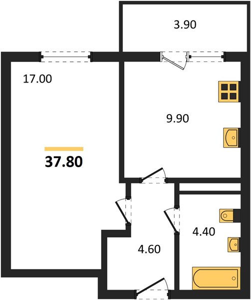 1-комнатная, 37,8 м² — планировка