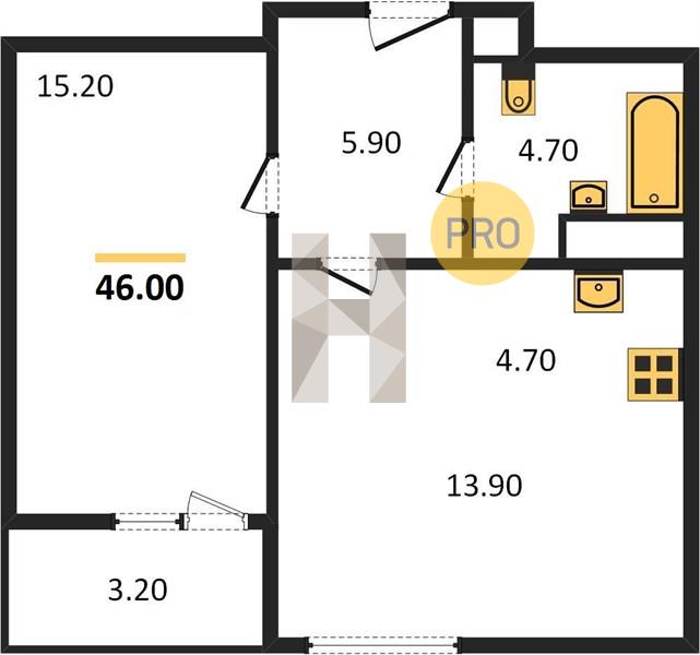 1-комнатная 46 м2 в ЖК Парк-квартал «Атмосфера», 2 дом корпус null этаж 11