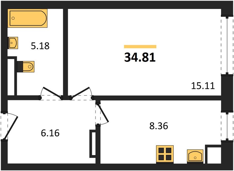1-комнатная, 35 м² — планировка