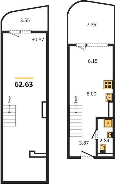 1-комнатная, 62,63 м² — планировка