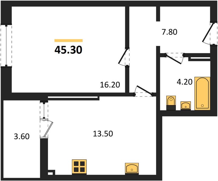 1-комнатная, 45,3 м² — планировка