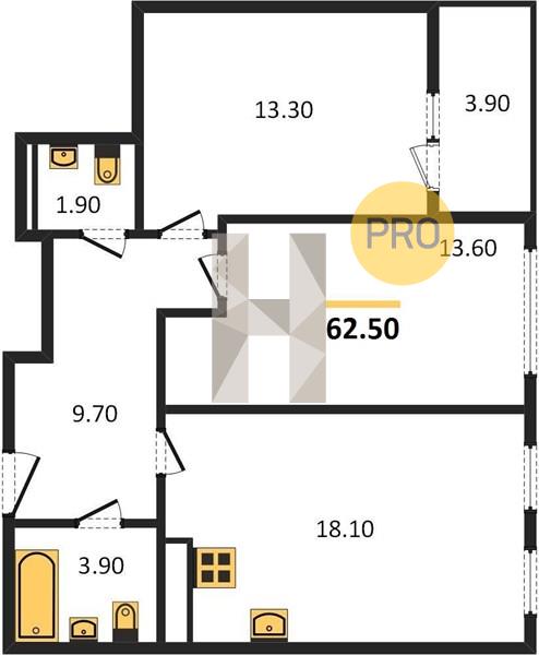 2-комнатная 62.5 м2 в ЖК Солнечный от Синары корпус null этаж 11