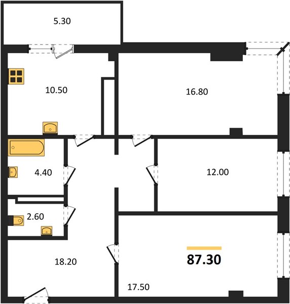 3-комнатная, 87,3 м² — планировка