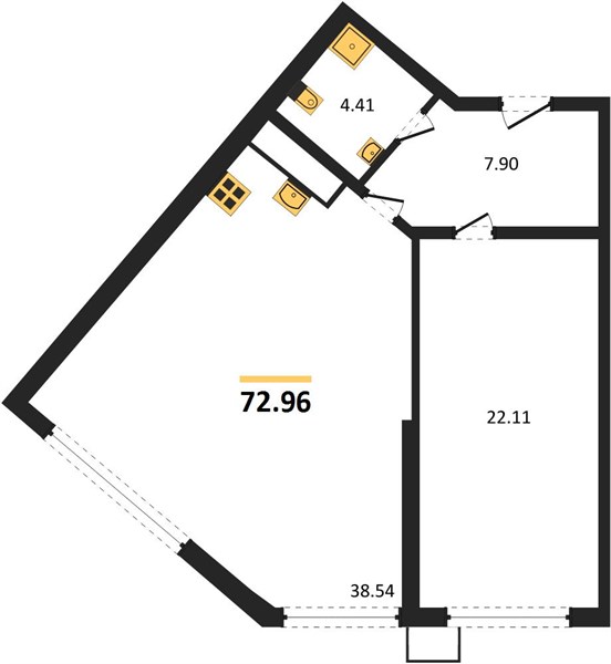 1-комнатная, 72,96 м² — планировка