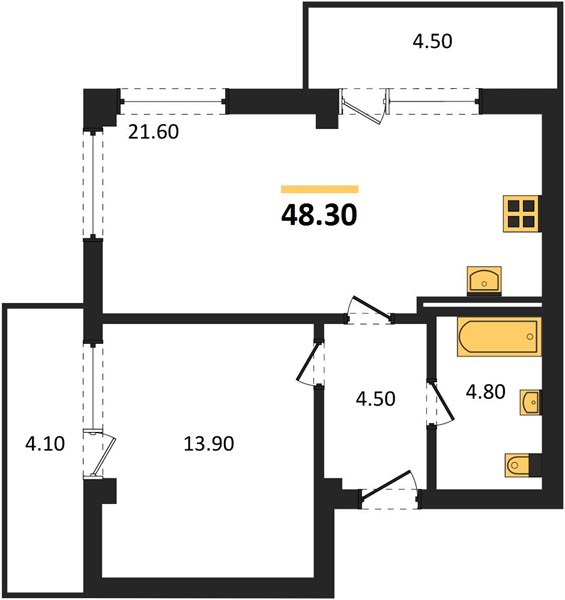 1-комнатная, 44,7 м² — планировка
