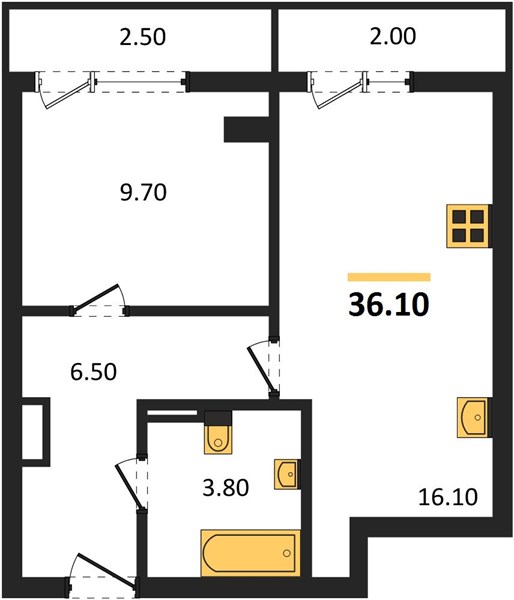 1-комнатная, 36,1 м² — планировка