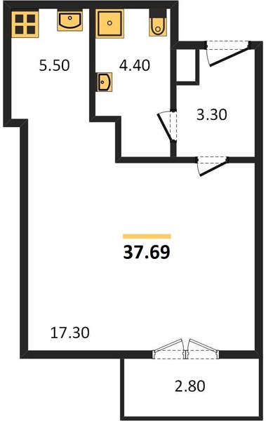 1-комнатная, 37,69 м² — планировка