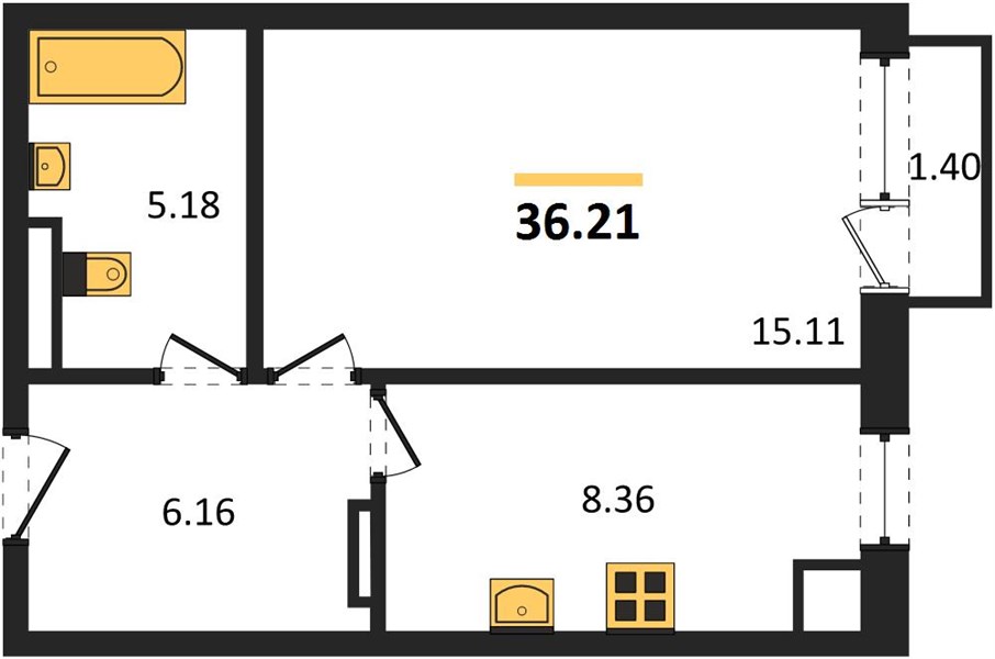 1-комнатная, 36,8 м² — планировка