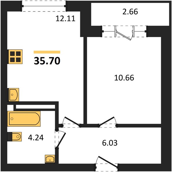 1-комнатная, 35,7 м² — планировка
