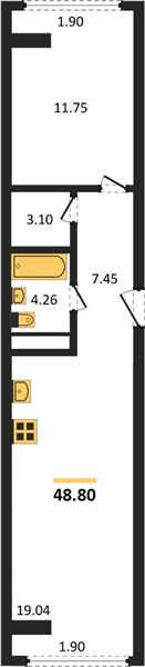 1-комнатная, 48,8 м² — планировка