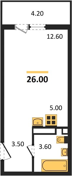 1-комнатная, 26 м² — планировка