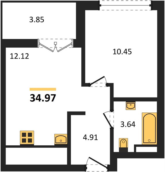 1-комнатная, 34,97 м² — планировка