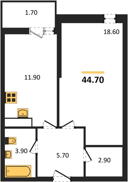 1-комнатная, 44,7 м² — планировка