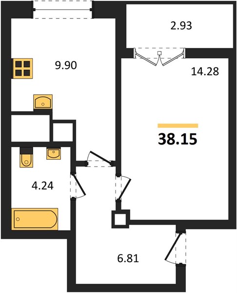 1-комнатная, 38,15 м² — планировка