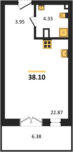1-комнатная, 38,1 м² — планировка