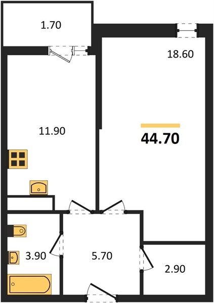1-комнатная, 44,7 м² — планировка